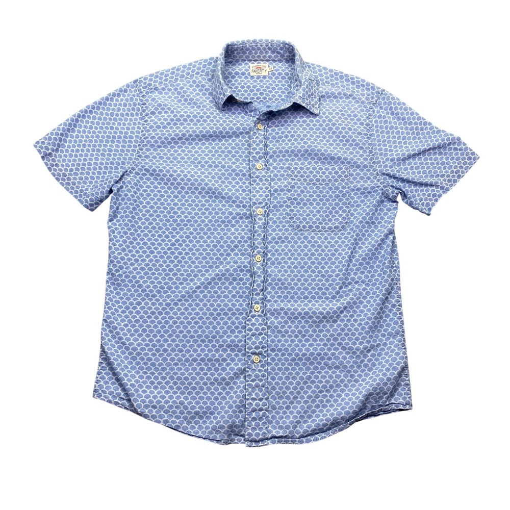 Faherty Mens Indigo Scallop Print Short Sleeve Button Down Shirt Blue Small